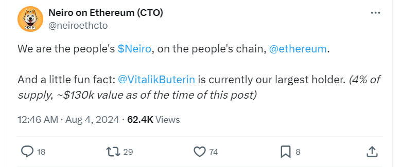 Как зарабатывают на мем-токенах. Твит разработчиков проекта Neiro с упоминанием Виталика Бутерина. Фото.