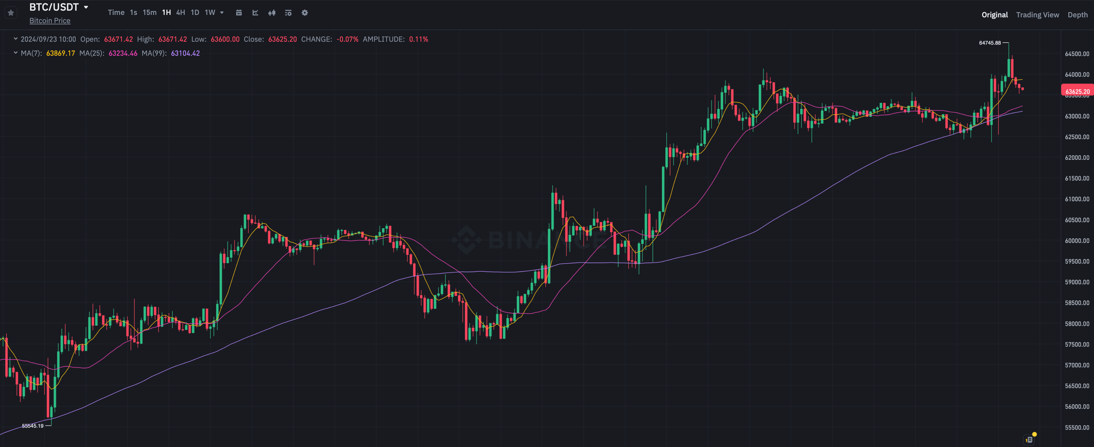Новый прогноз по курсу Биткоина. Часовой график курса Биткоина BTC на бирже Binance. Фото.