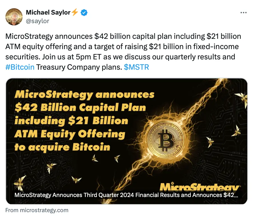 Когда MicroStrategy купит биткоины. Информация о новой стратегии также появилась в Твиттере исполнительного председателя MicroStrategy Майкла Сейлора. Фото.
