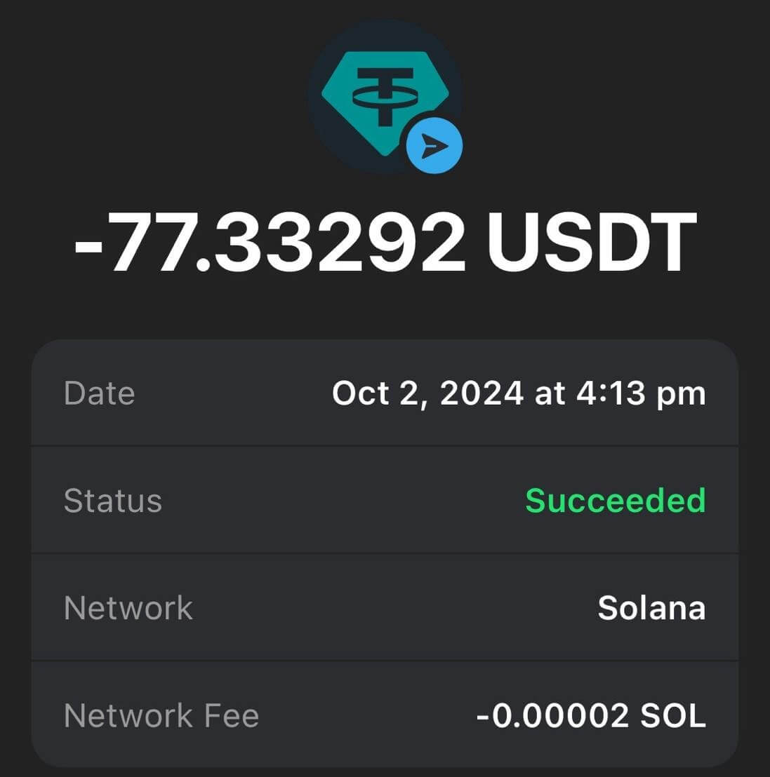 Как используют стейблкоин USDT. Стоимость перевода USDT в сети Solana, который мы провели сегодня. Фото.