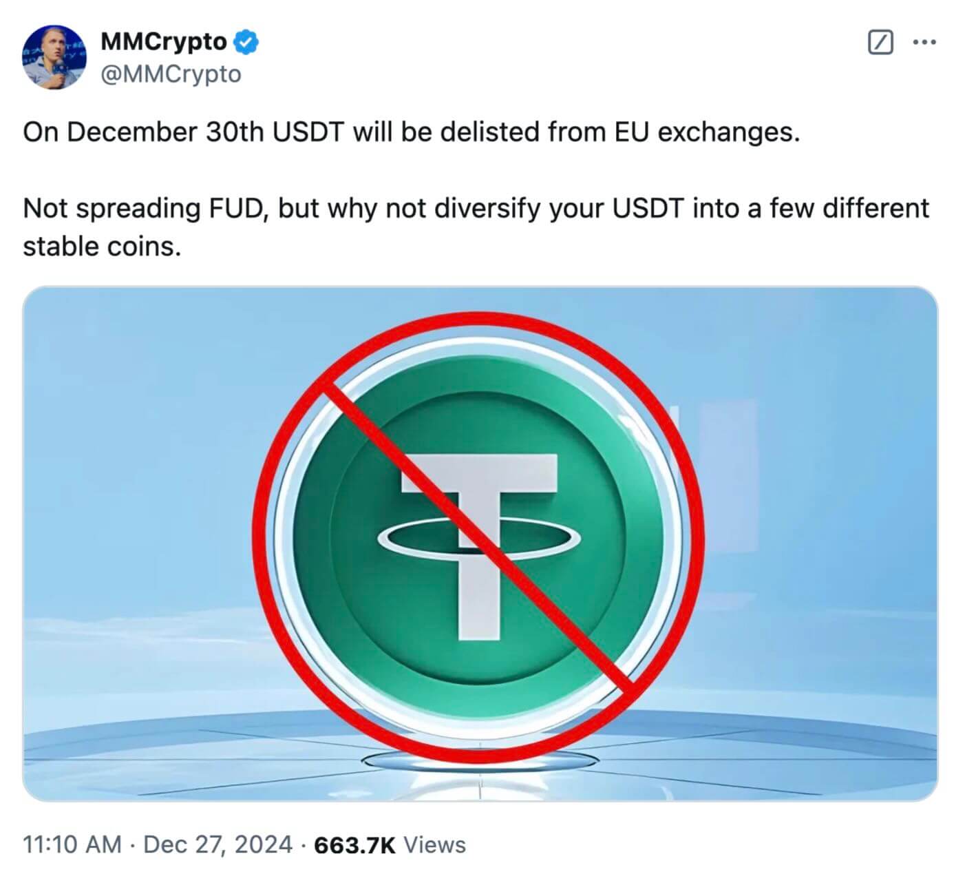 Возможный делистинг USDT — стоит ли ждать? Твит с утверждением о якобы грядущем делистинге USDT с криптовалютных бирж. Фото.