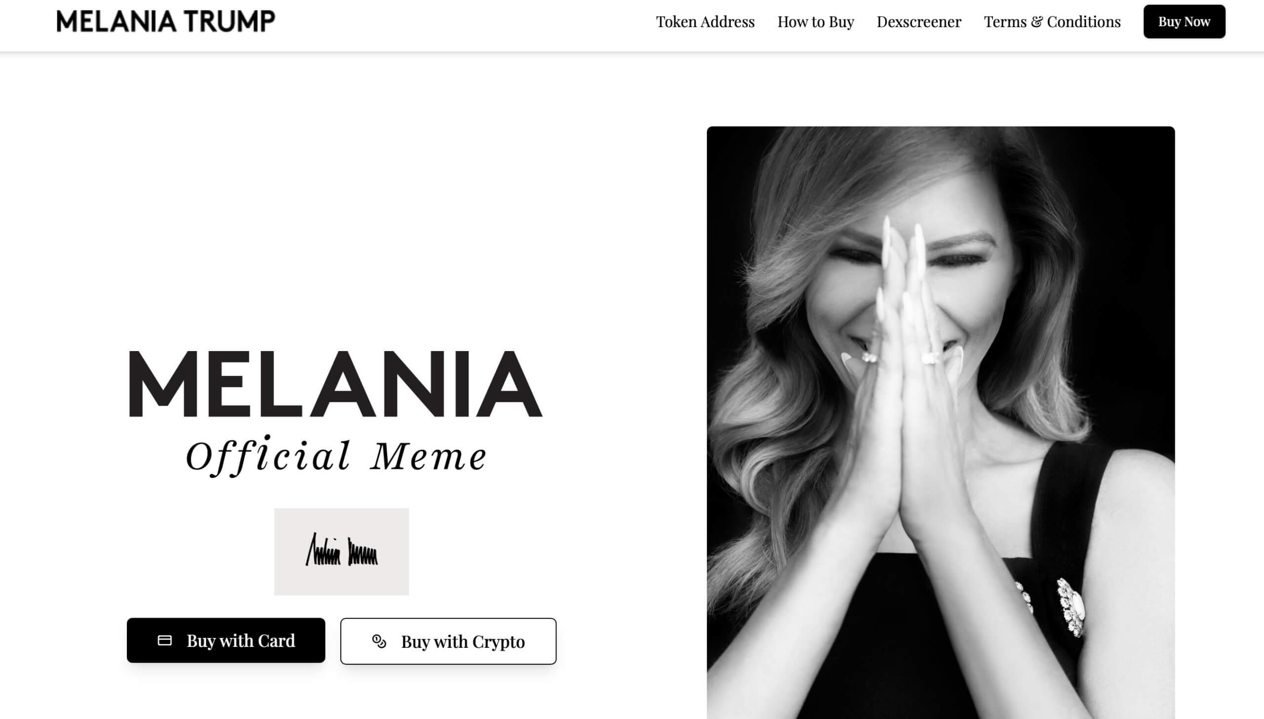 Мем-токен Мелании Трамп. Сайт мем-токена MELANIA от Мелании Трамп. Фото.