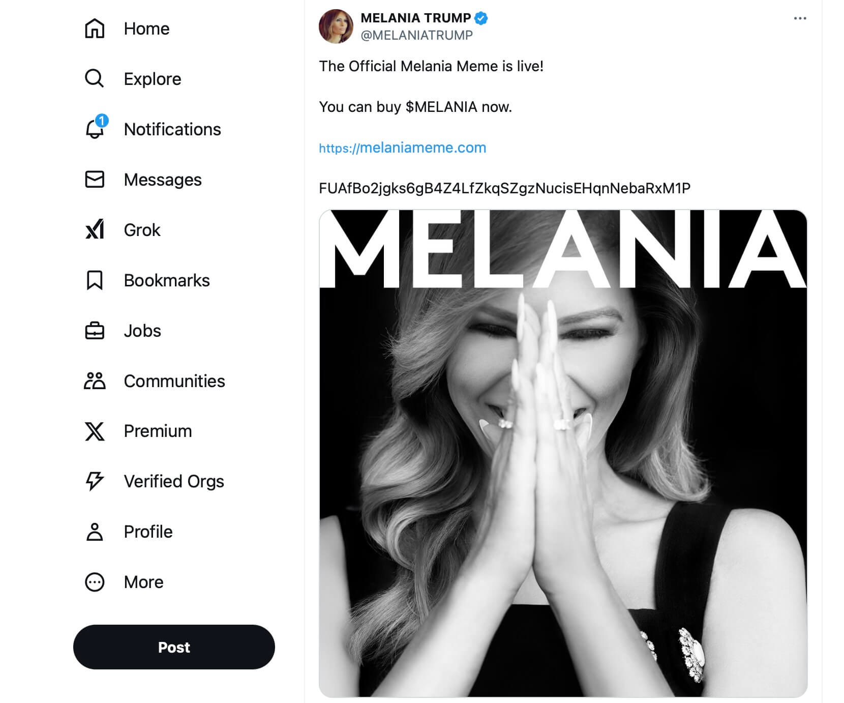 Мем-токен Мелании Трамп. Твит Мелании Трамп о запуске мем-токена MELANIA. Фото.