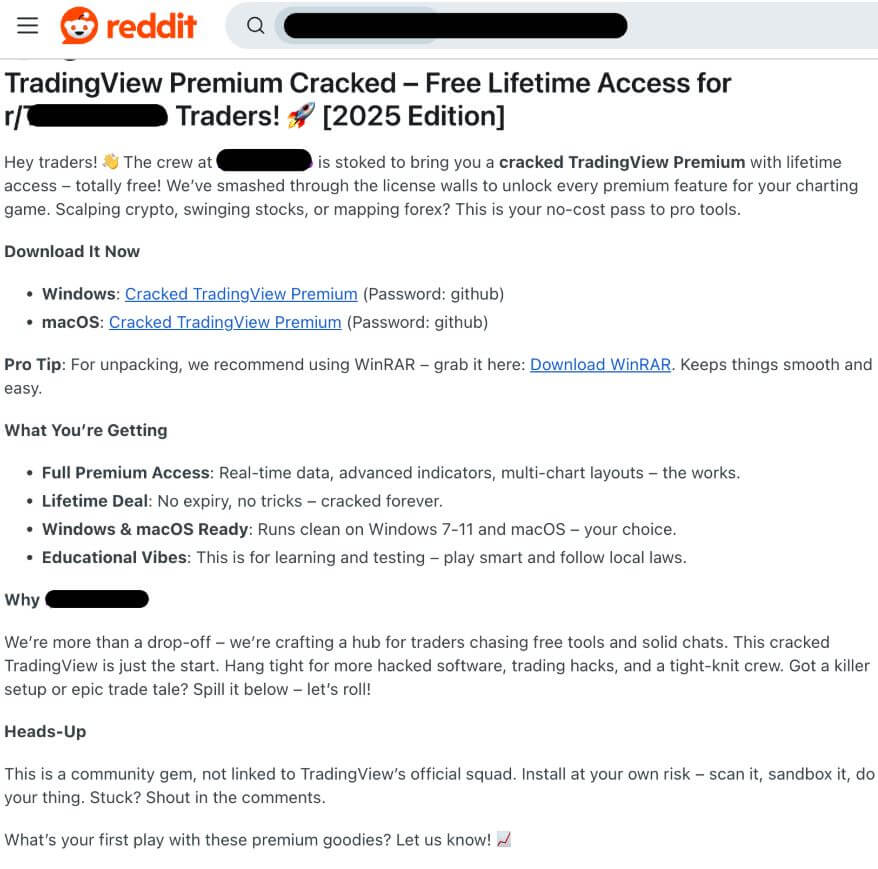 Как мошенники крадут крипту через TradingView. Пост мошенников на Reddit с целью кражи криптовалют. Фото.