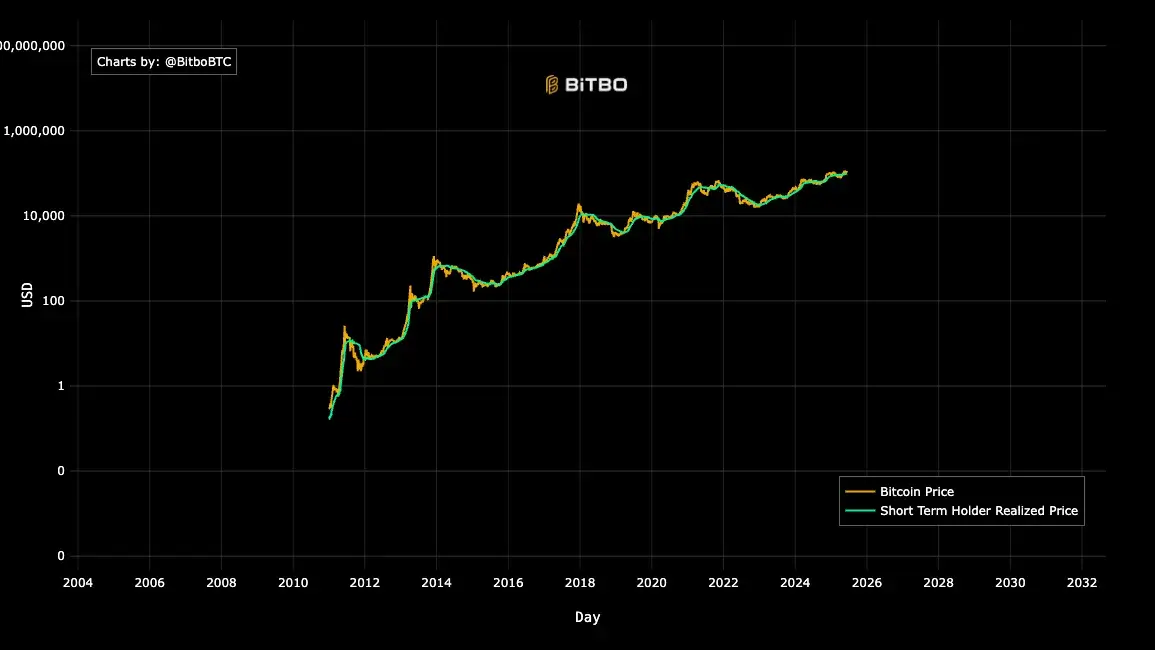 Что будет с курсом Биткоина дальше. Долгосрочный курс Биткоина BTC и средняя цена приобретения монет краткосрочными держателями. Фото.
