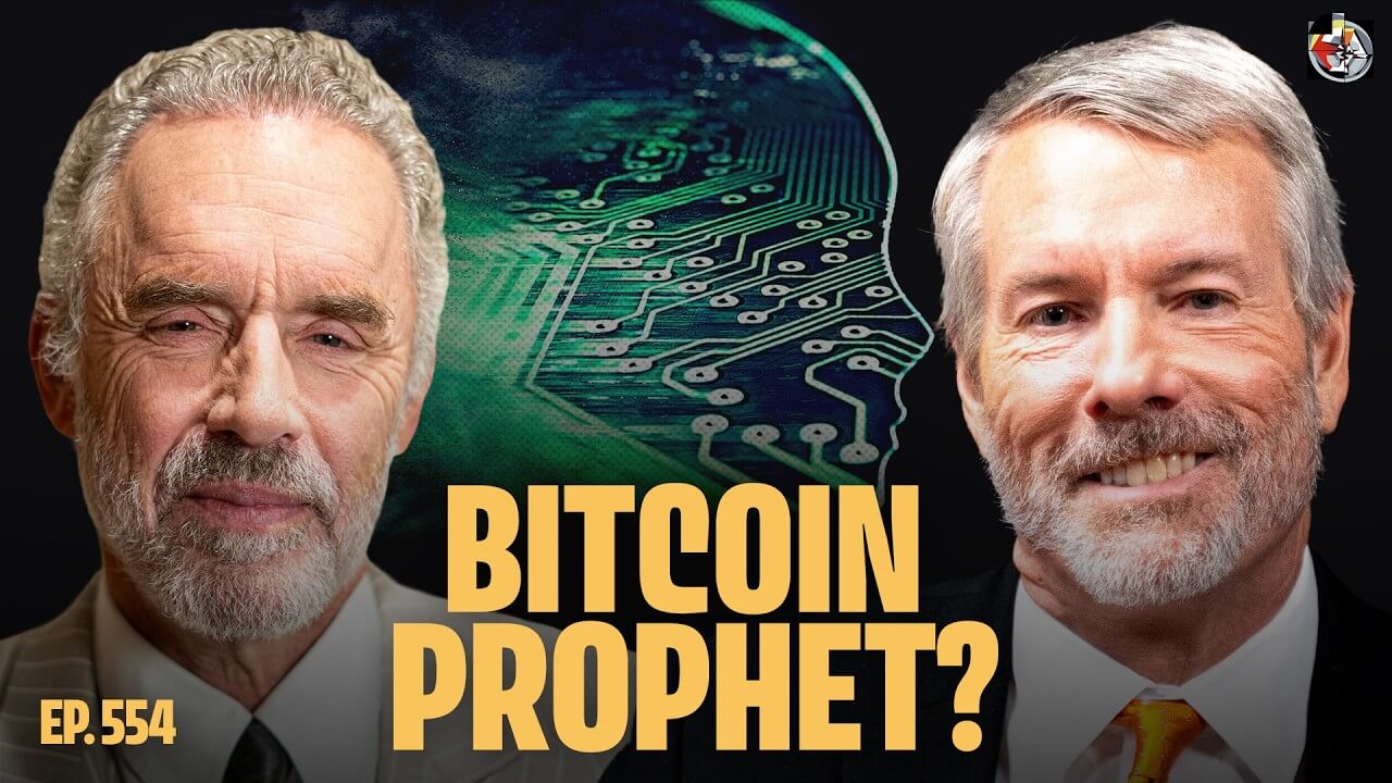Зачем Strategy покупает биткоины. Обложка выпуска подкаста Джордана Питерсона с сооснователем Strategy Майклом Сейлором. Фото.