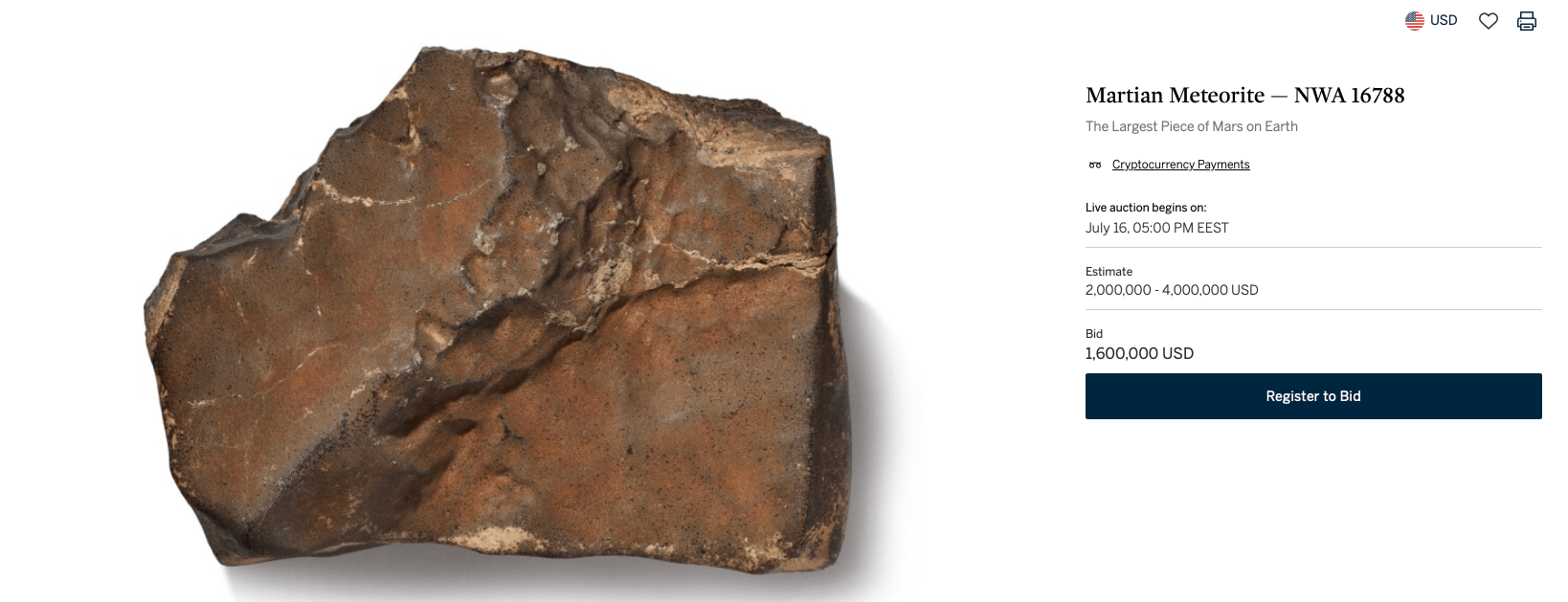 Как купить метеорит за крипту? Лот NWA 16788 на аукционе Sotheby’s. Фото.