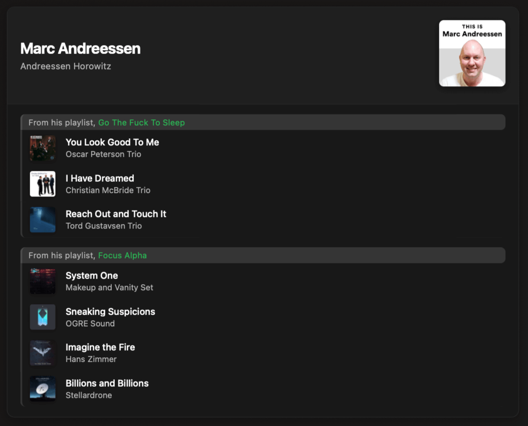 Какую музыку слушают знаменитости. Плейлист представителя Andreessen Horowitz Марка Андрессена. Какую музыку слушают знаменитости. Плейлист представителя Andreessen Horowitz Марка Андрессена. Фото.