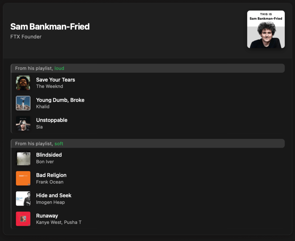 Топовые плейлисты из Spotify. Плейлист Сэма Банкмана-Фрида. Топовые плейлисты из Spotify. Плейлист Сэма Банкмана-Фрида. Фото.