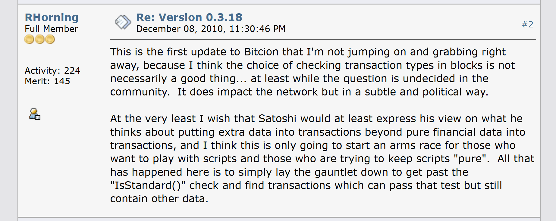 Новый апдейт Биткоина. Одно из первых сообщений на BitcoinTalk с обсуждением нефинансовой информации в сети Биткоина. Фото.