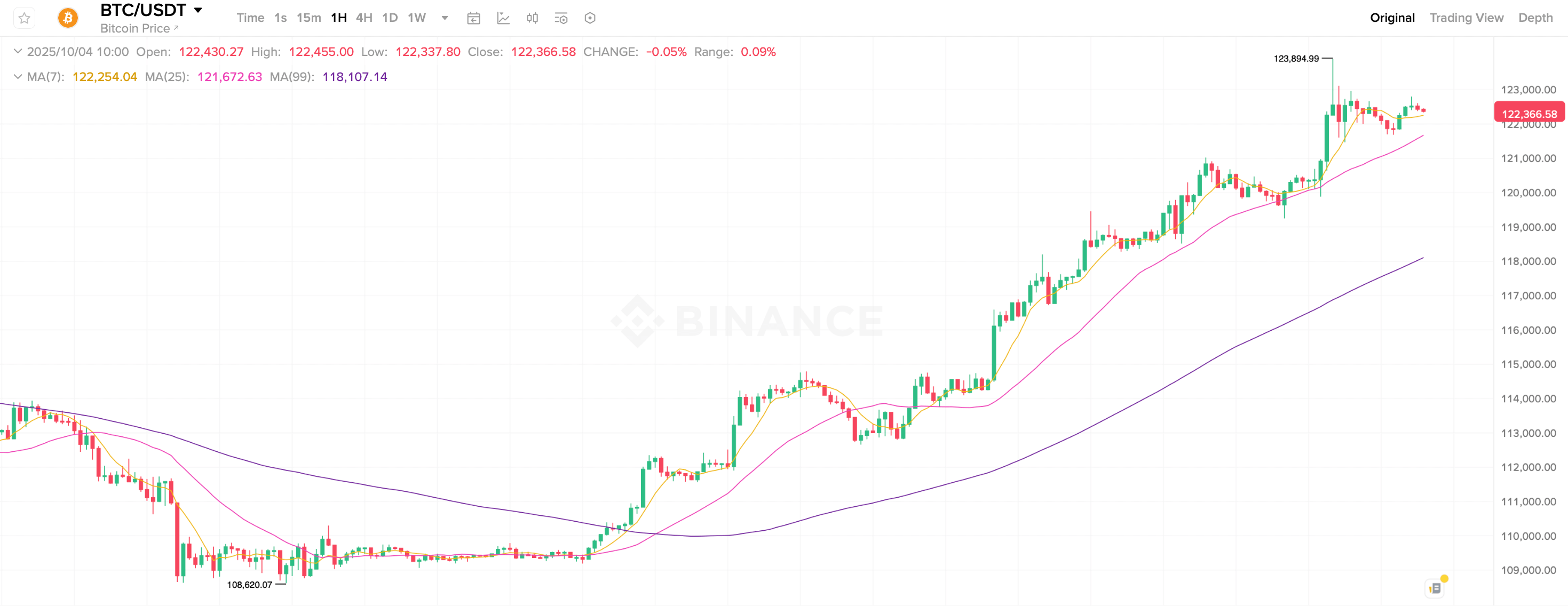 Почему выросли криптовалюты. Часовой график курса Биткоина на бирже Binance. Фото.