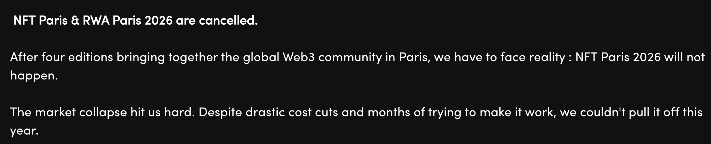 Что происходит с NFT. Анонс отмены мероприятий NFT Paris. Что происходит с NFT. Анонс отмены мероприятий NFT Paris. Фото.