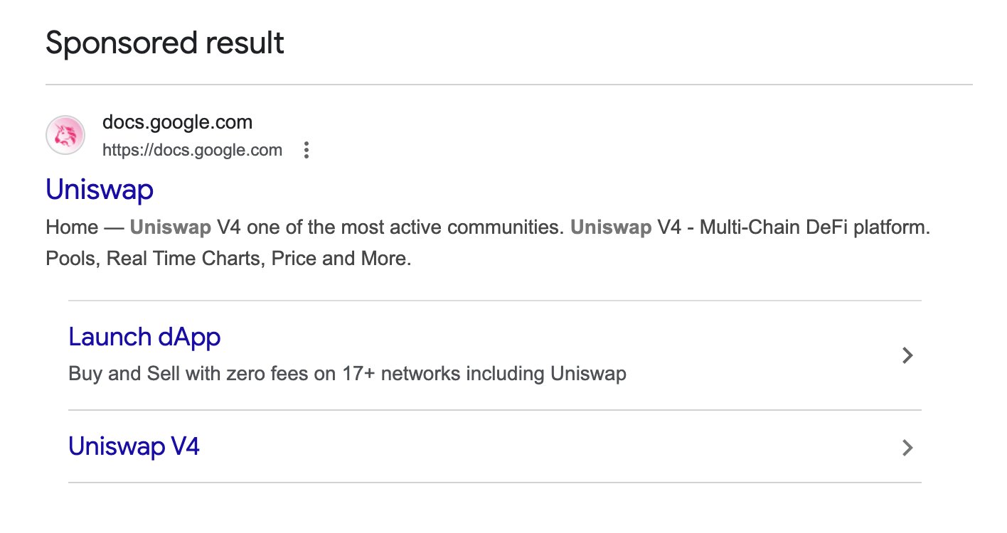 Активность мошенников в крипте. Фейковый сайт децентрализованной биржи Uniswap в поисковой выдаче Google. Активность мошенников в крипте. Фейковый сайт децентрализованной биржи Uniswap в поисковой выдаче Google. Фото.