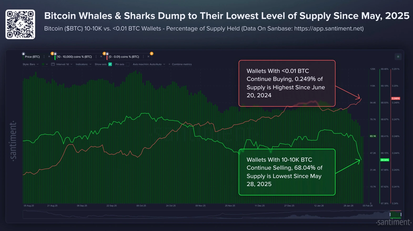 Крупные инвесторы продают крипту. Динамика балансов крупных и мелких кошельков. Фото.