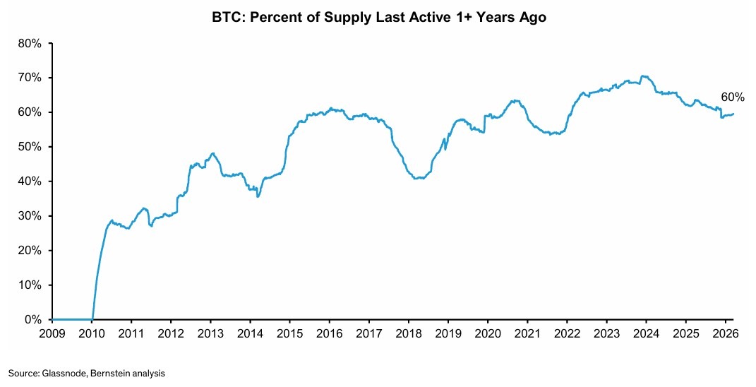 Как ETF и Strategy влияют на Биткоин. Доля биткоинов, которые не перемещались как минимум 1 год. Фото.