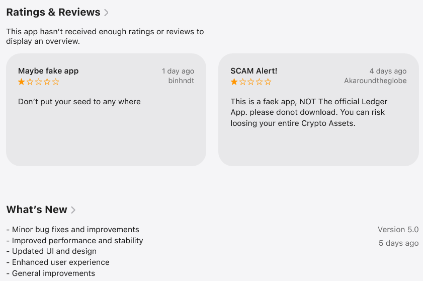 Apple удалил поддельное приложение Ledger, которое украло $9,5 млн у крипто-инвесторов. Фото.