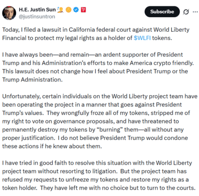 Джастин Сан судится с World Liberty Financial из-за блокировки токенов. Фото.