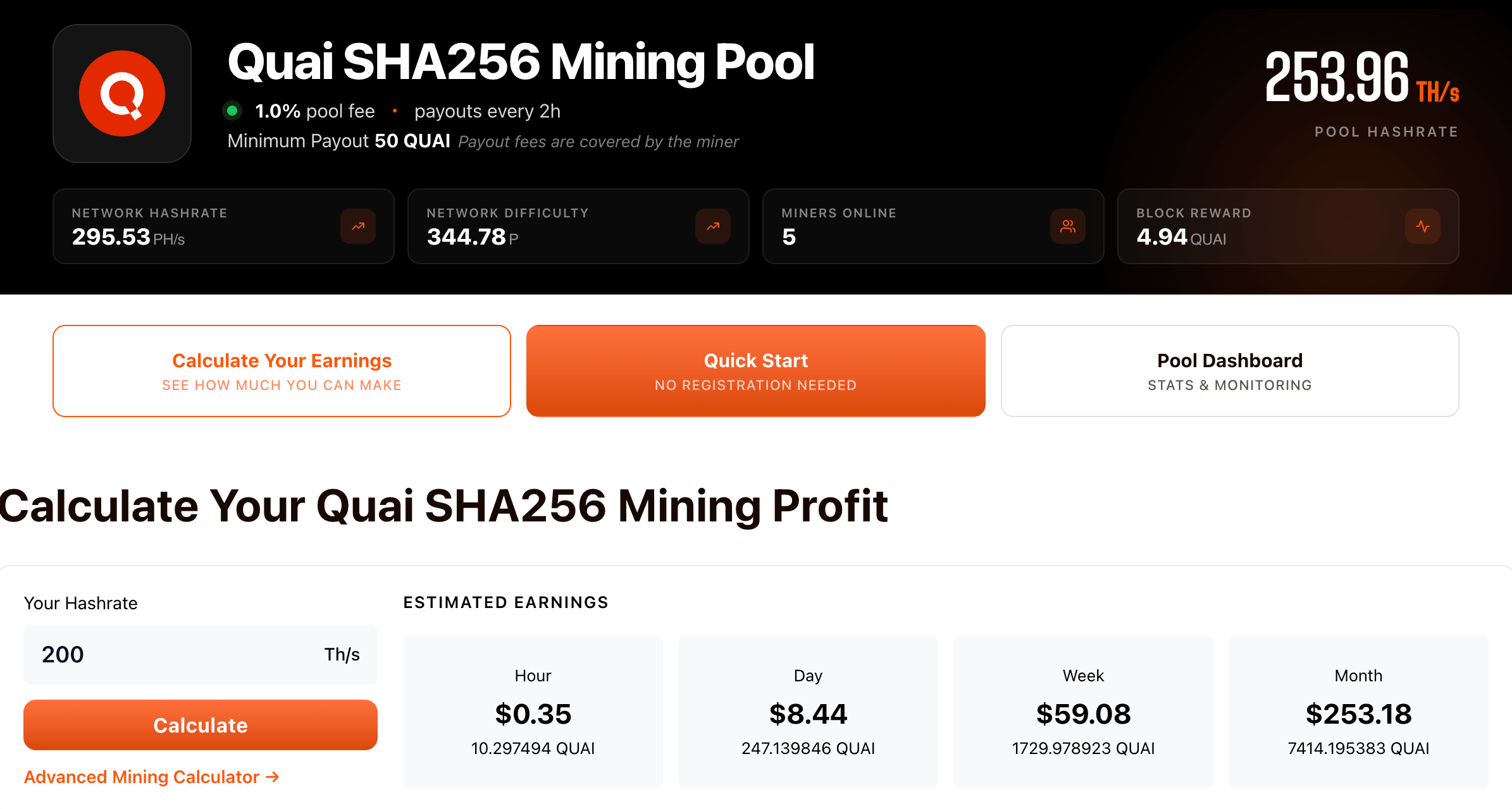Пул для майнинга Quai по алгоритму SHA256 на 2Miners — комиссия 1%, выплаты каждые 2 часа