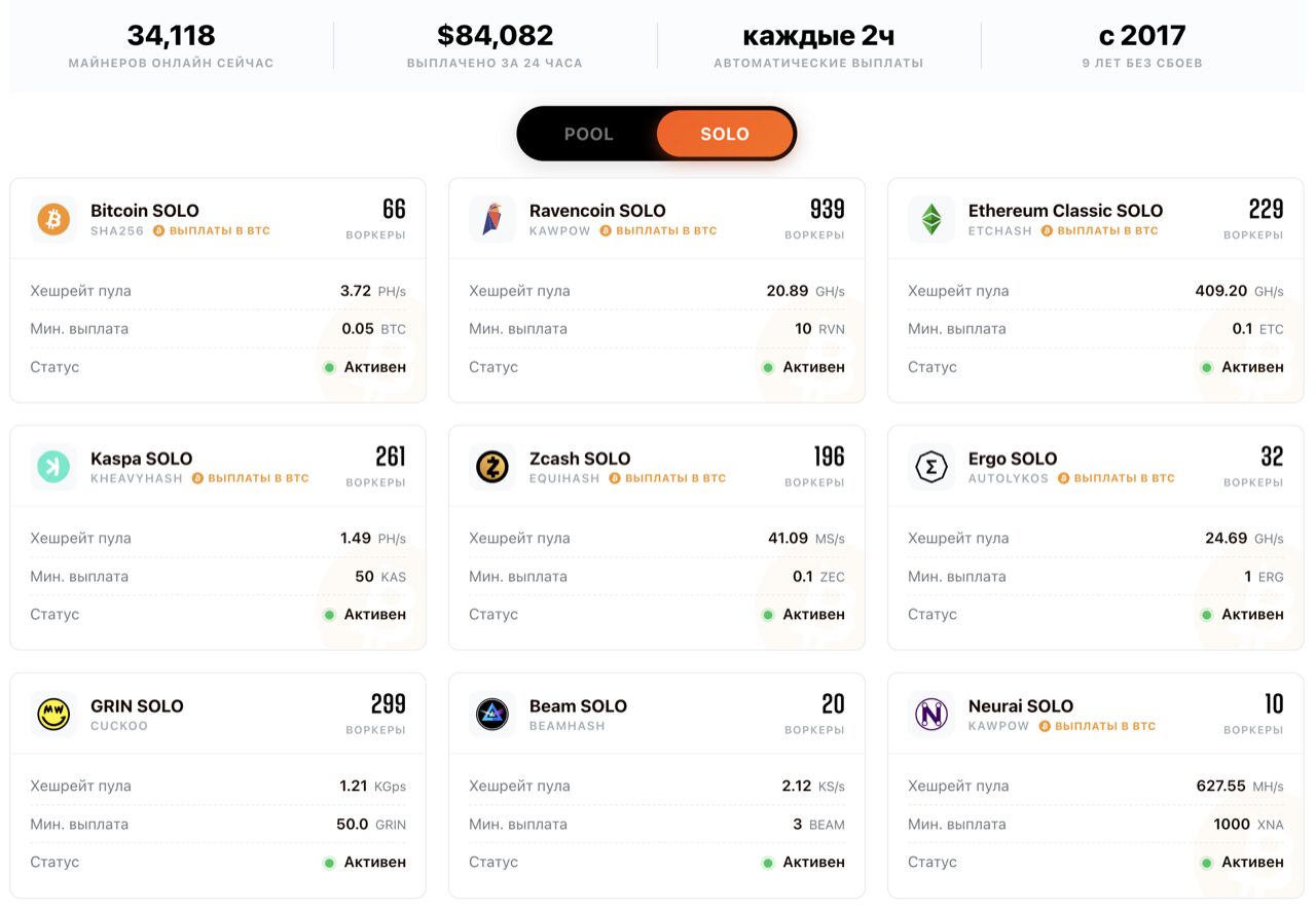 Новый дизайн главной страницы 2miners.com с сеткой пулов и live-статистикой