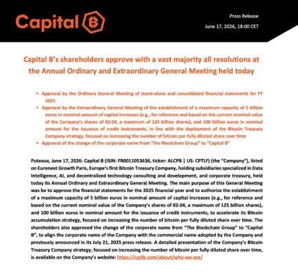 Французская компания из индустрии криптовалют Capital B привлекает более 120 млрд евро для пополнения биткоин-казны: одобрение получено. Фото.