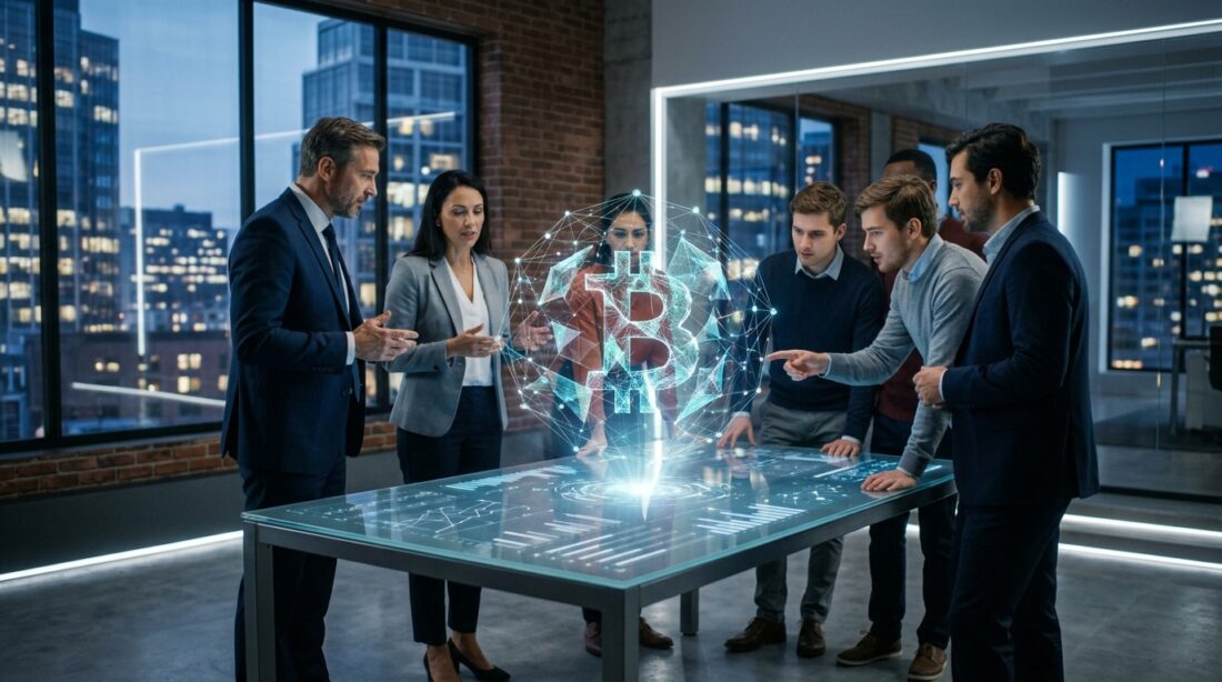 Corporate executives and developers working together around a glowing Bitcoin hologram on a digital table