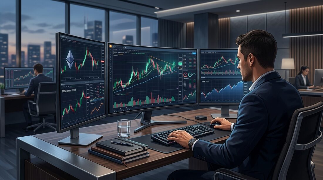 Professional financial trading desk with digital screens showing cryptocurrency charts and traditional stock market graphs, clean and modern aesthetic
