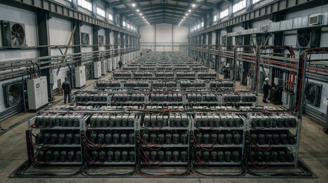 Industrial Bitcoin mining data center in Kazakhstan with rows of ASIC machines and power infrastructure