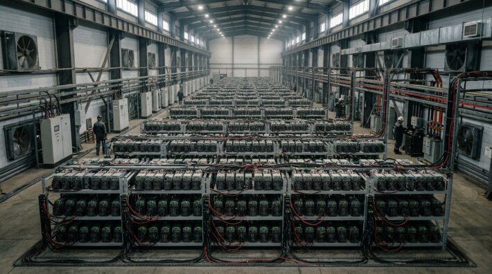 Industrial Bitcoin mining data center in Kazakhstan with rows of ASIC machines and power infrastructure