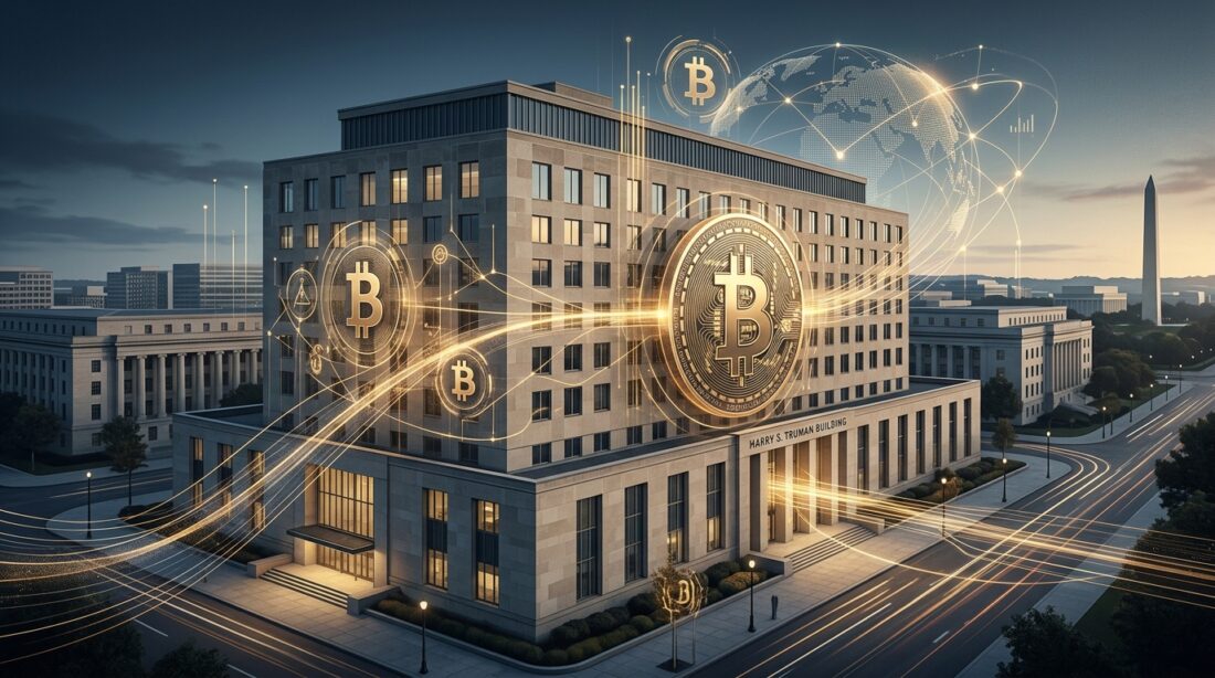 US State Department building with digital technology and Bitcoin symbols overlay, editorial fintech illustration