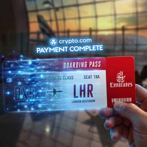 Emirates airplane at Dubai airport with a smartphone showing crypto payment checkout screen