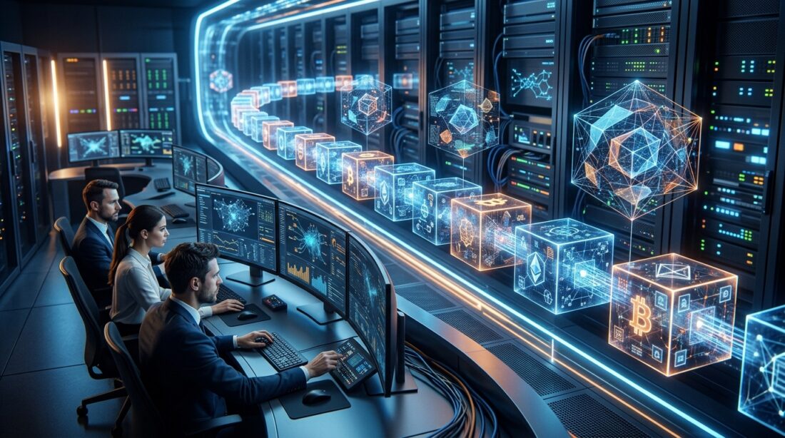 Bitcoin blockchain filled with transaction blocks and large arbitrary data files while node operators monitor network load