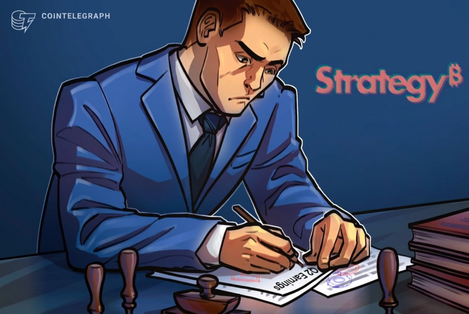 Corporate balance sheet on screen showing large red loss figure next to Bitcoin logo