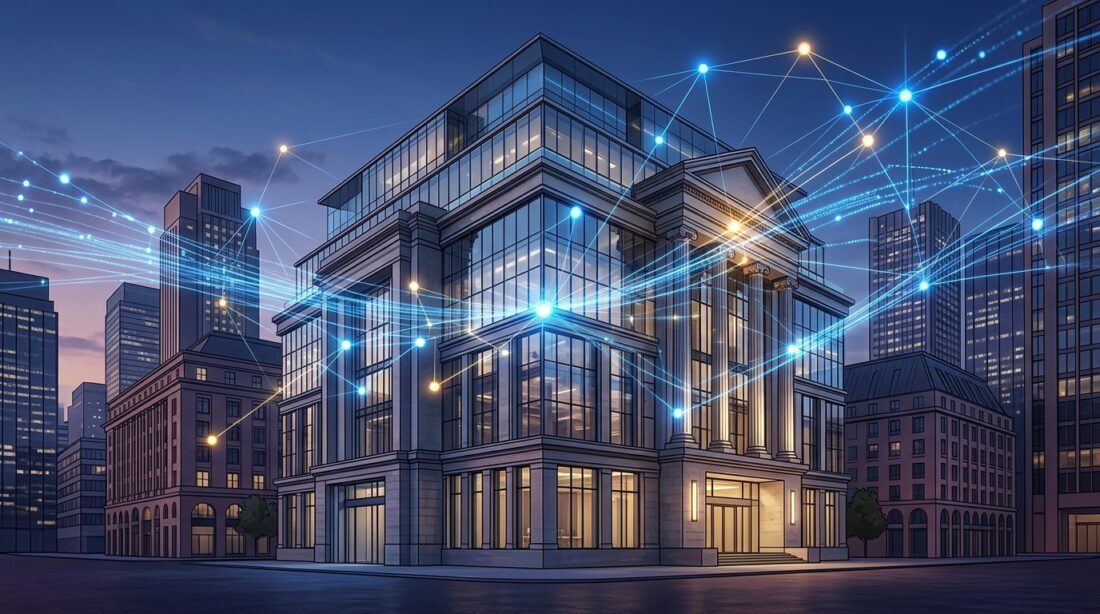 Futuristic European bank building with glowing digital blockchain nodes connecting to other buildings in a network