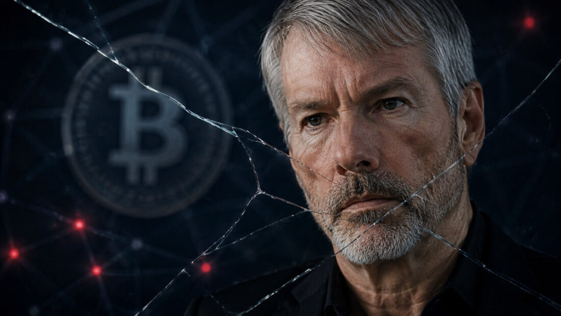 Michael Saylor speaking at a Bitcoin conference, serious expression, dark suit