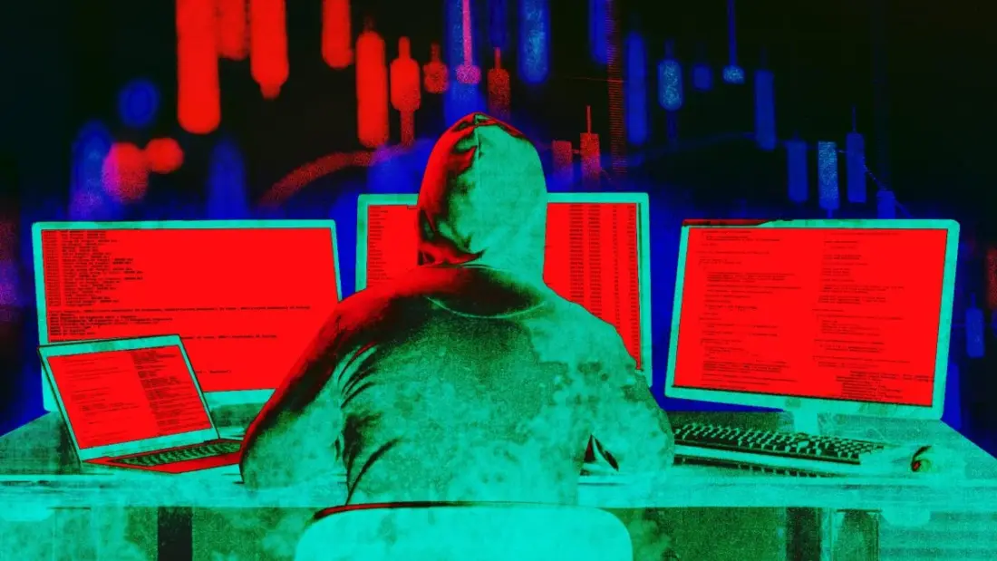 Digital security breach concept with broken padlock over blockchain network, red warning tones
