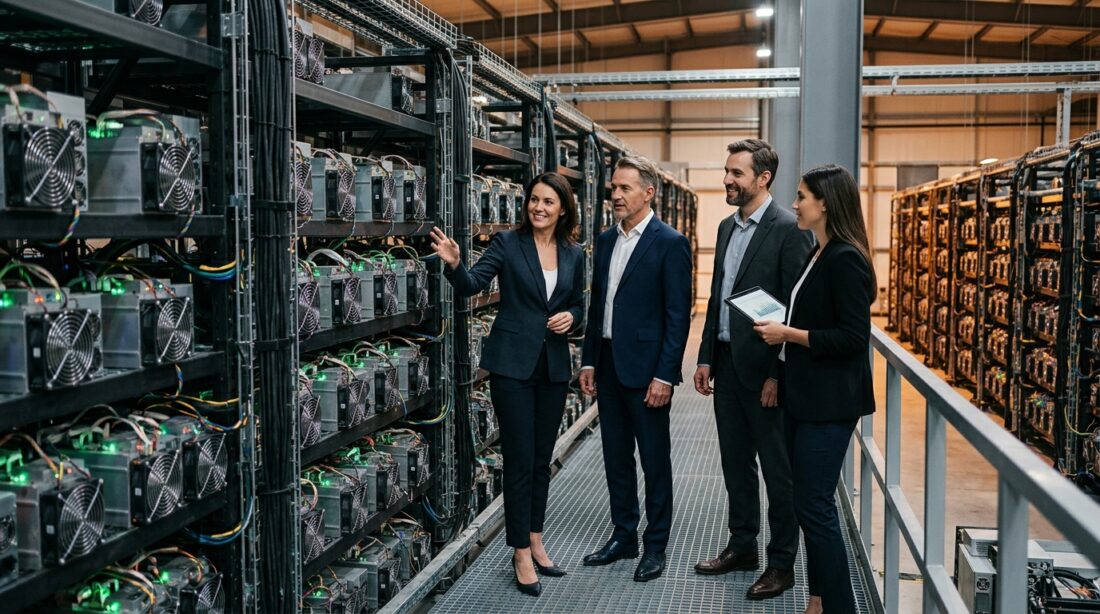 Executive team standing near modern ASIC bitcoin mining equipment in an industrial data center