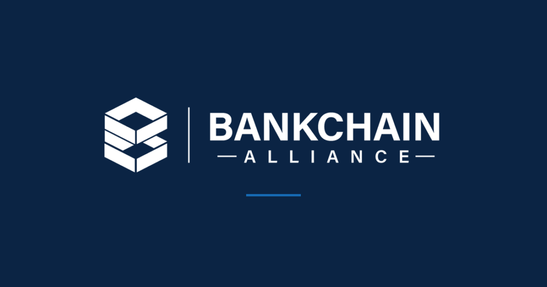 Modern bank building with digital nodes and glowing blockchain connections in blue tones