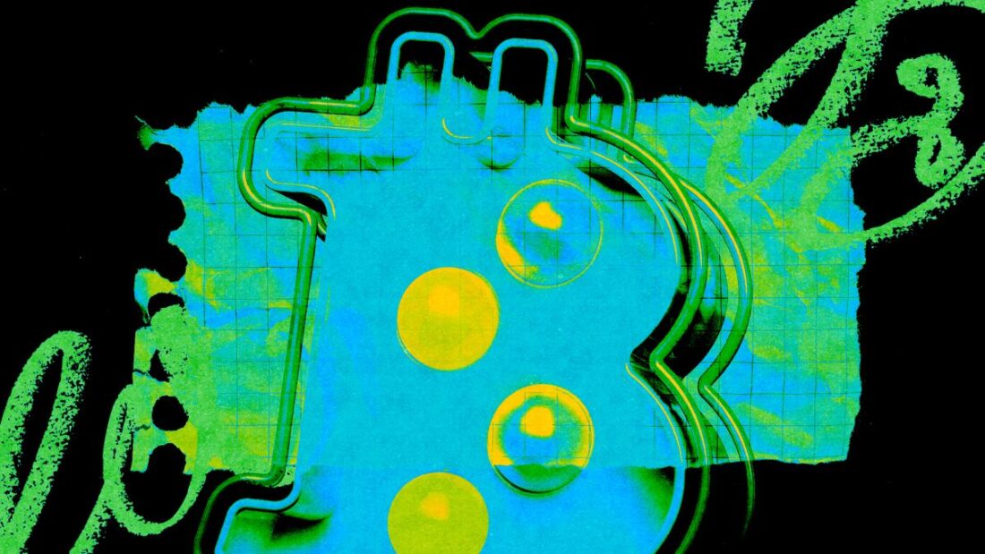 US Treasury building with rising bond yield chart and Bitcoin symbol in background, editorial fintech illustration