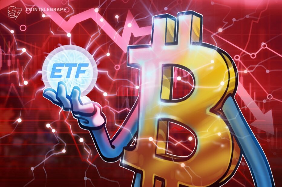 Bitcoin ETF outflow concept, red downward arrow over stack of coins on financial dashboard