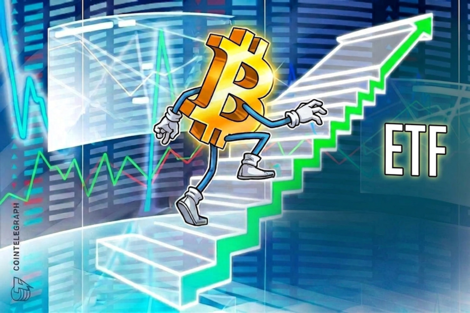 Bitcoin ETF inflows visualized as rising bar chart on financial dashboard, blue and orange tones