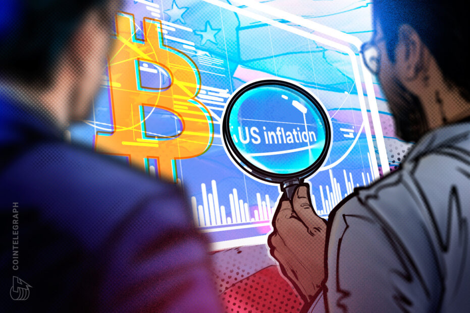 Bitcoin price chart declining on trading terminal with red candles, US inflation data on screen