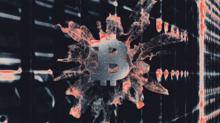 Bitcoin hardware wallet on a dark desk with warning alert on screen, tense security atmosphere
