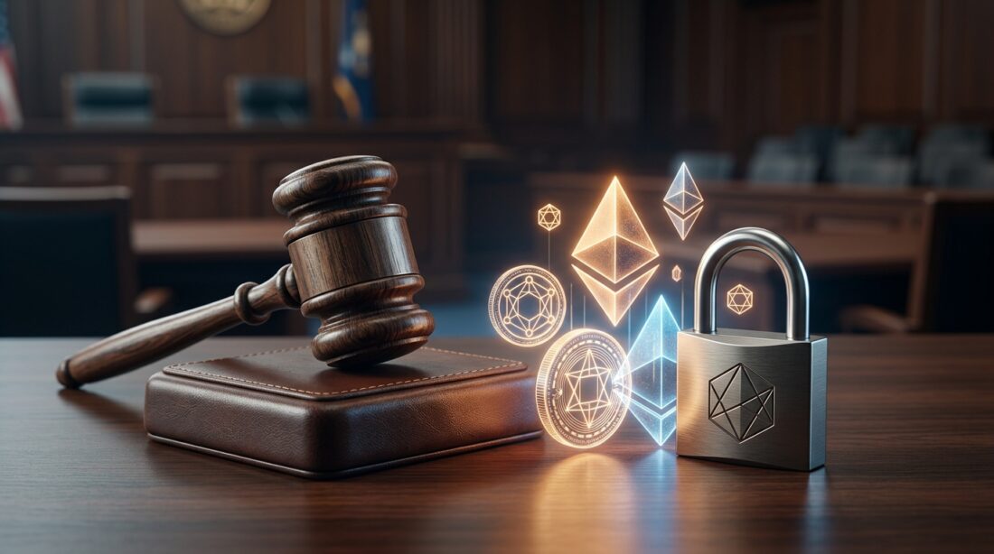 Courtroom gavel next to glowing digital cryptocurrency symbols and a locked padlock, editorial fintech illustration
