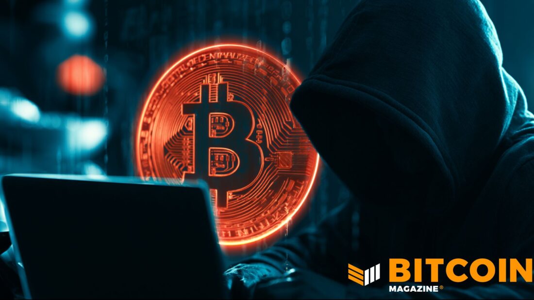Bitcoin hardware wallet on dark desk with warning red light and blockchain data overlay