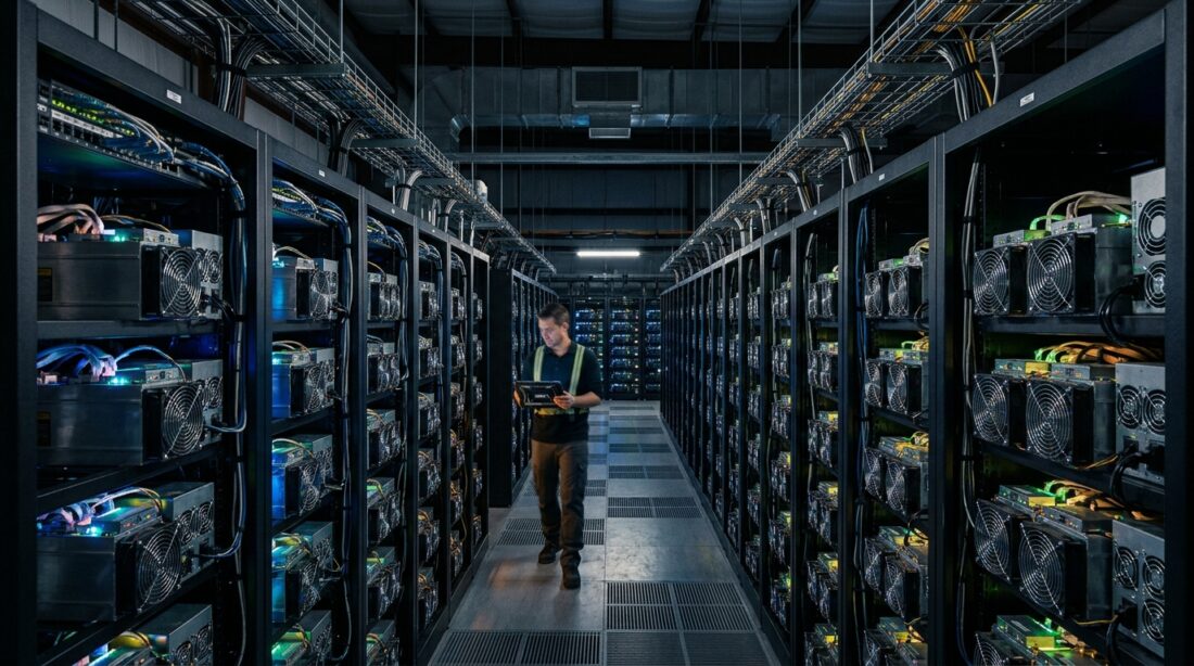 Industrial cryptocurrency mining farm with rows of high-performance servers running in a modern data center