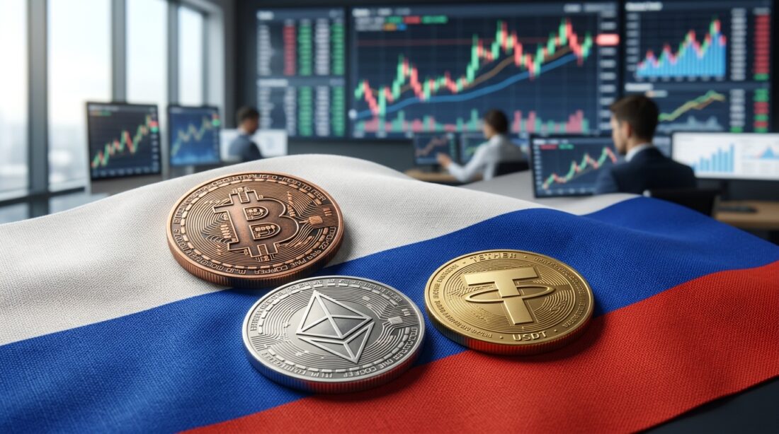Bitcoin, Ethereum and Tether USDT coins on a Russian flag background with financial charts