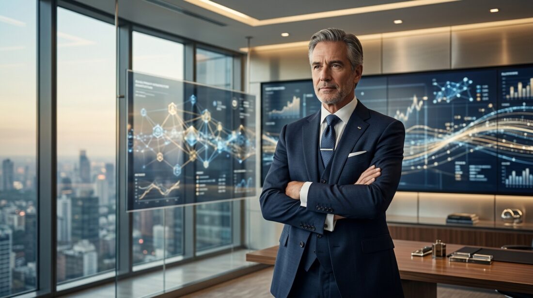 Portrait of a senior central bank executive in a modern office, digital payment infrastructure visualization on screens behind
