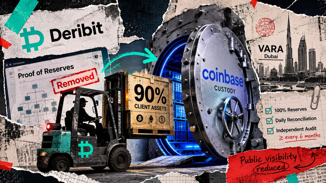 Deribit exchange logo merging with Coinbase custody vault, digital audit interface fading out