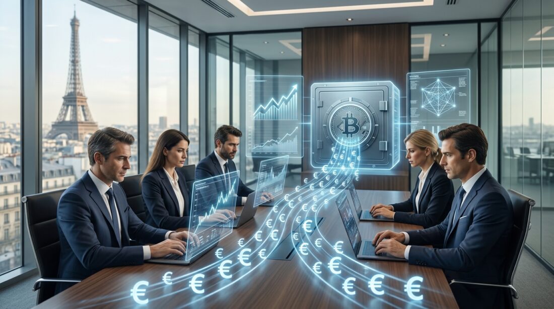 French institutional investors funding a corporate Bitcoin treasury, digital euro symbols flowing toward Bitcoin vault
