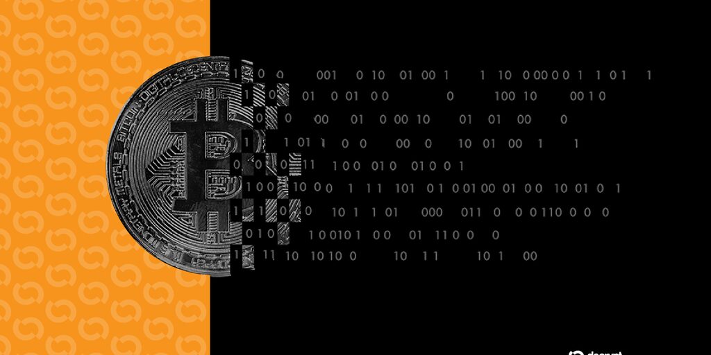 AI glowing brain analyzing lines of computer code on a dark screen with Bitcoin logos in the background